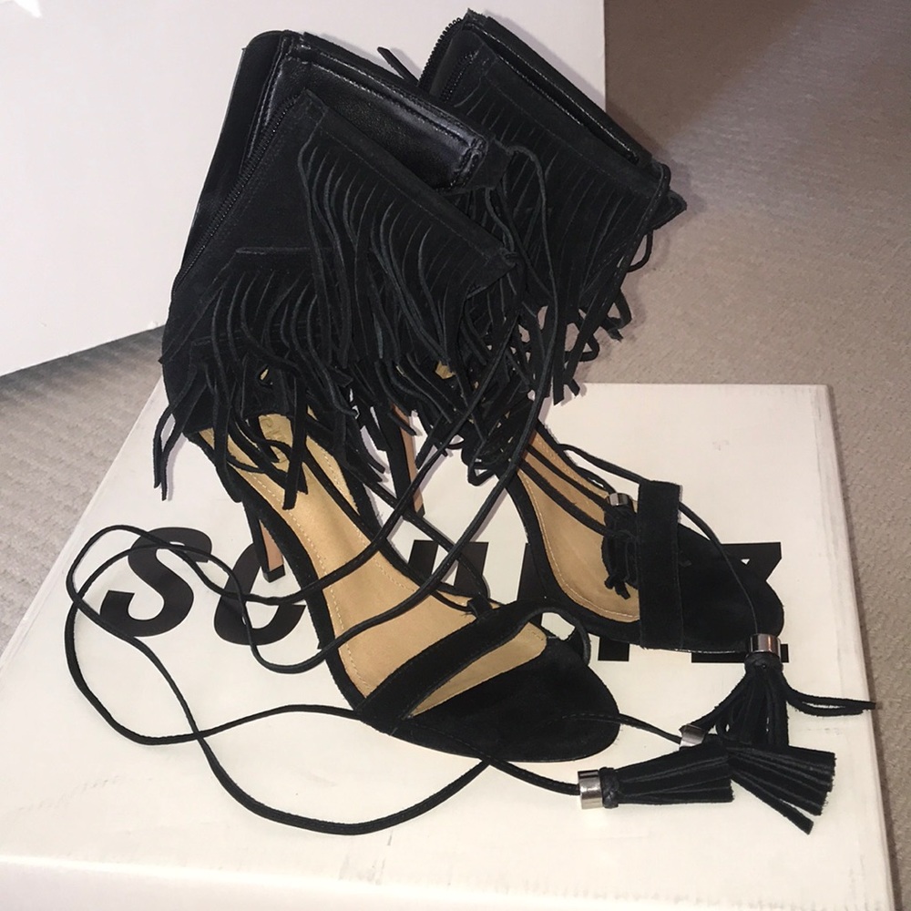 Schutz Women’s Fringe Black Lace-Up Tassel Heels